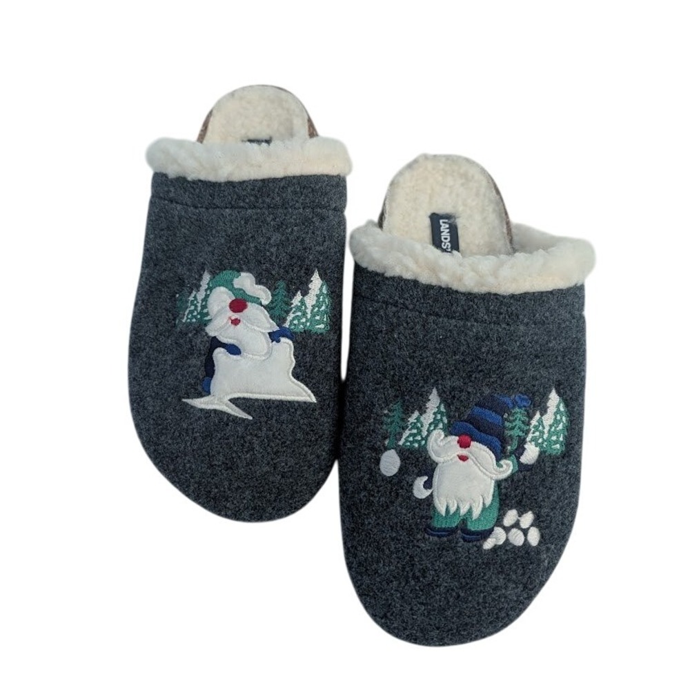 Lands' End‎ Women's Gray Embroidered Gnome Christmas Holiday Slippers Size 8